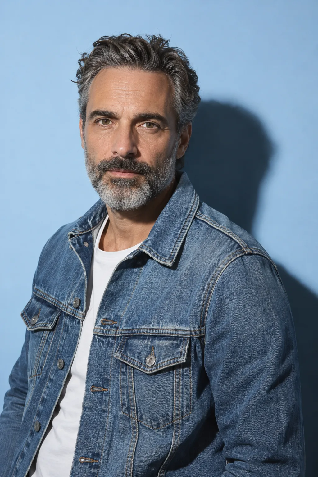 Man in a denim jacket in front of a light blue backdrop