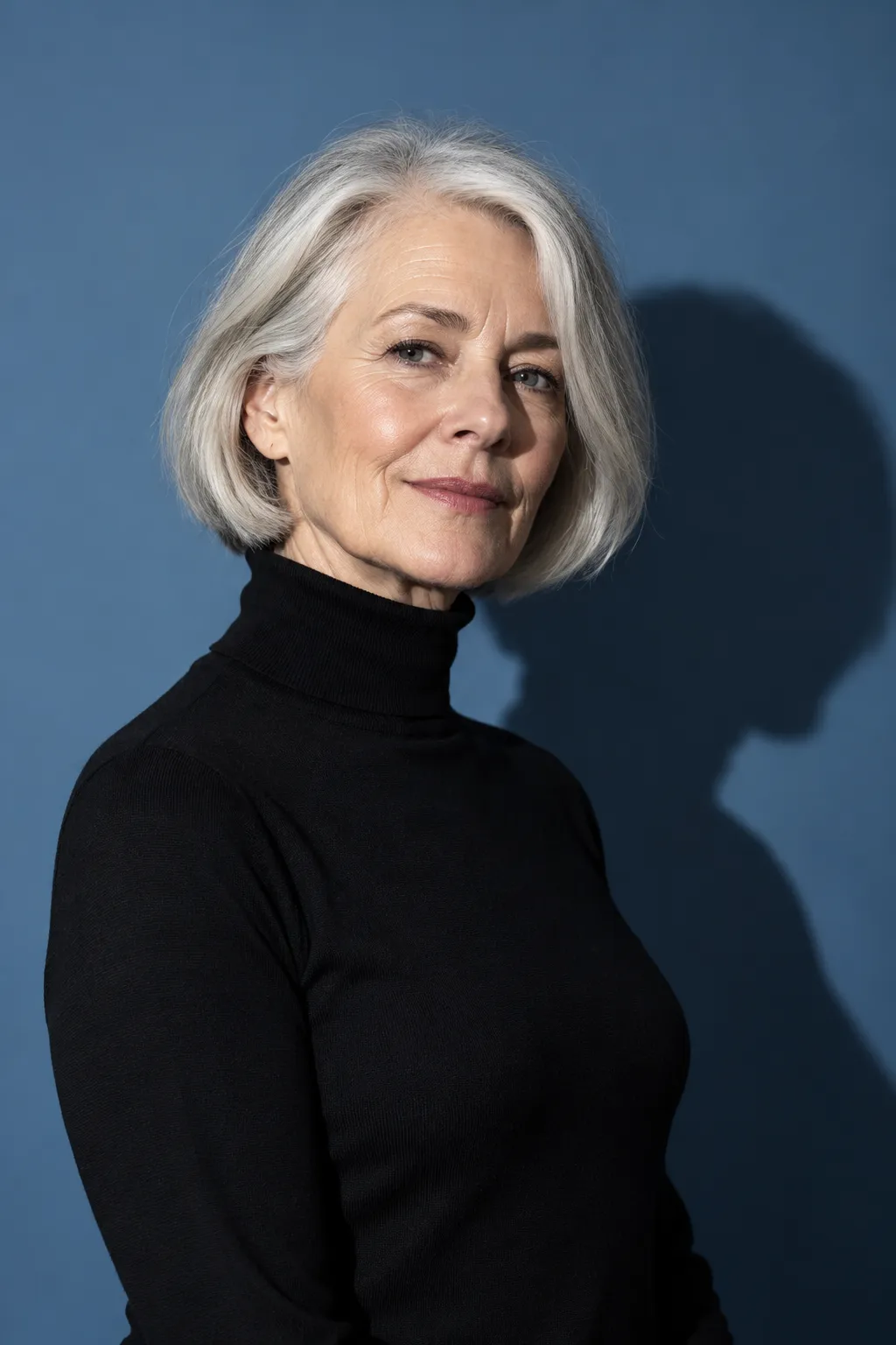 Woman with silver hair in a black turtleneck against a deep blue backdrop