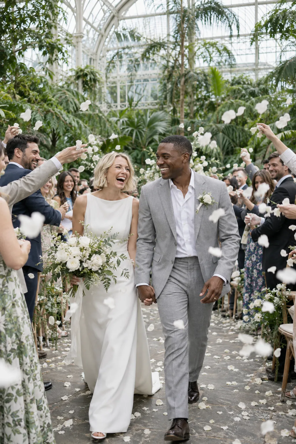 Couple laughing as guests throw white petals