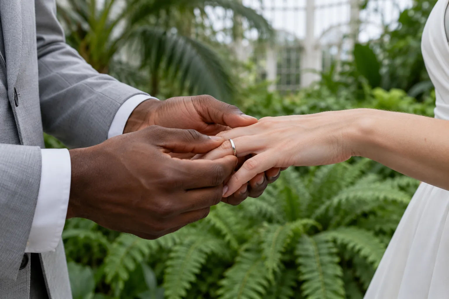 Hands exchanging rings in front of green leaves