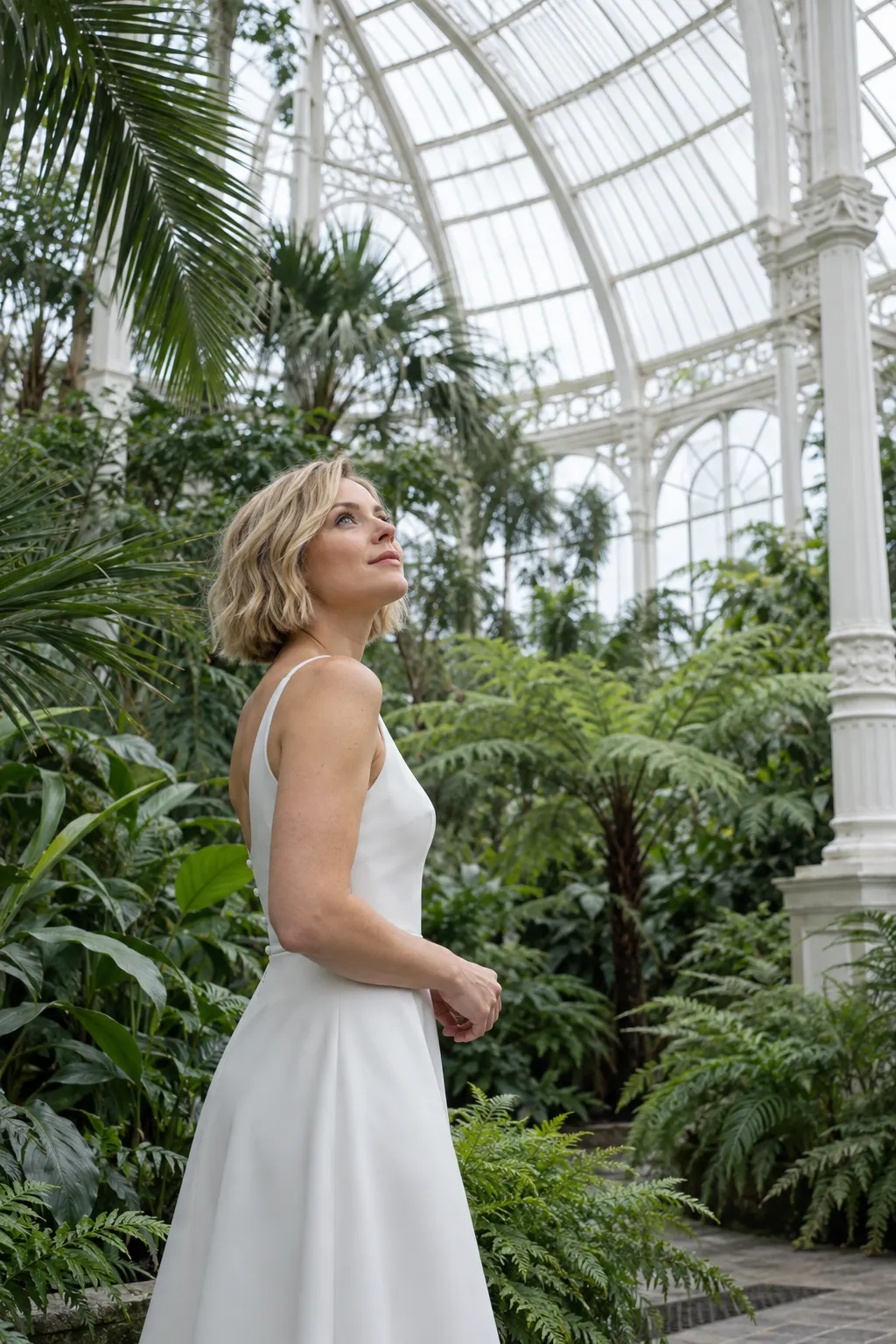 Bride looking up at the glass roof