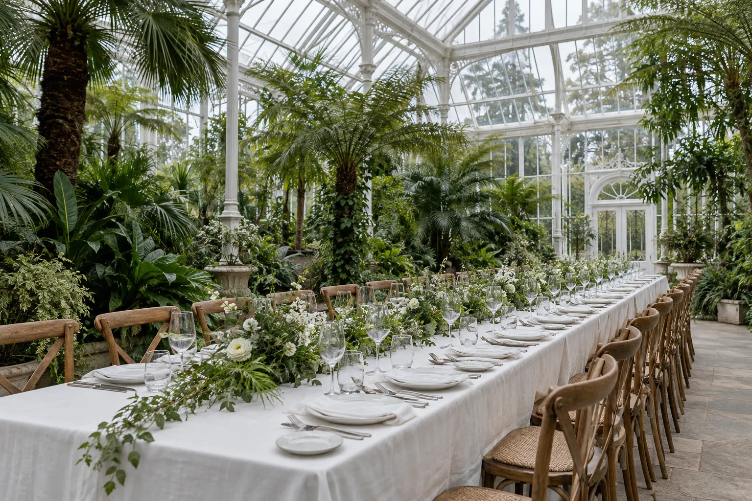 Long dinner table with white linen among the plants