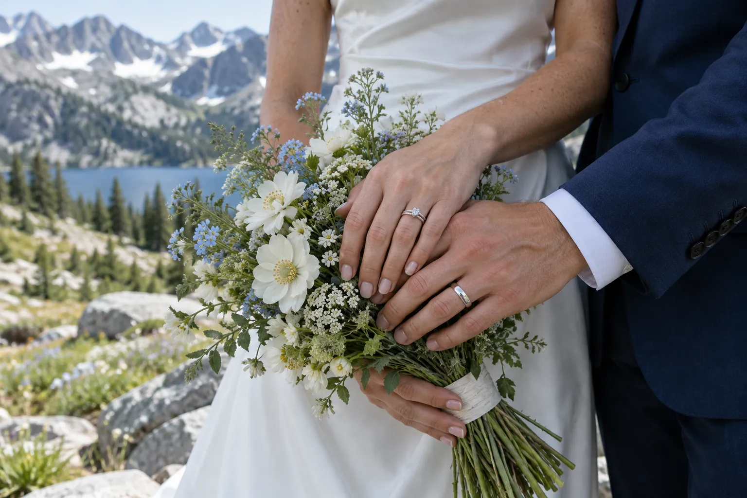 Hands with rings over a white bouquet