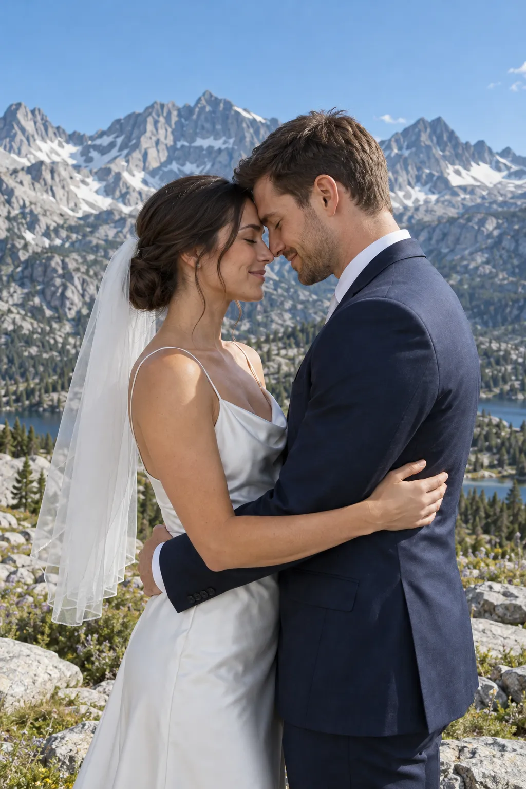 Couple holding each other, forehead to forehead