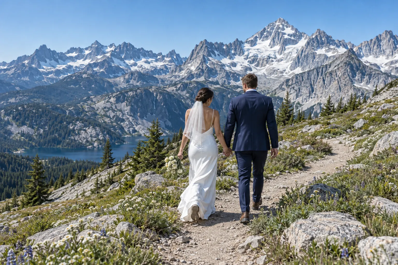 Couple walking hand in hand down a mountain trail