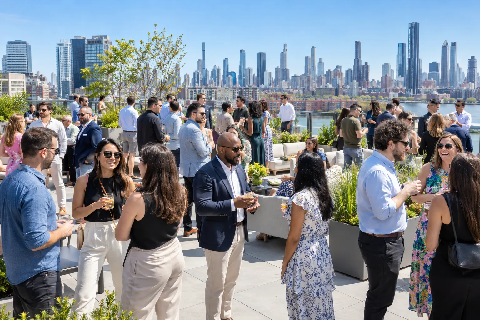 Guests mingling on a rooftop terrace with the city behind