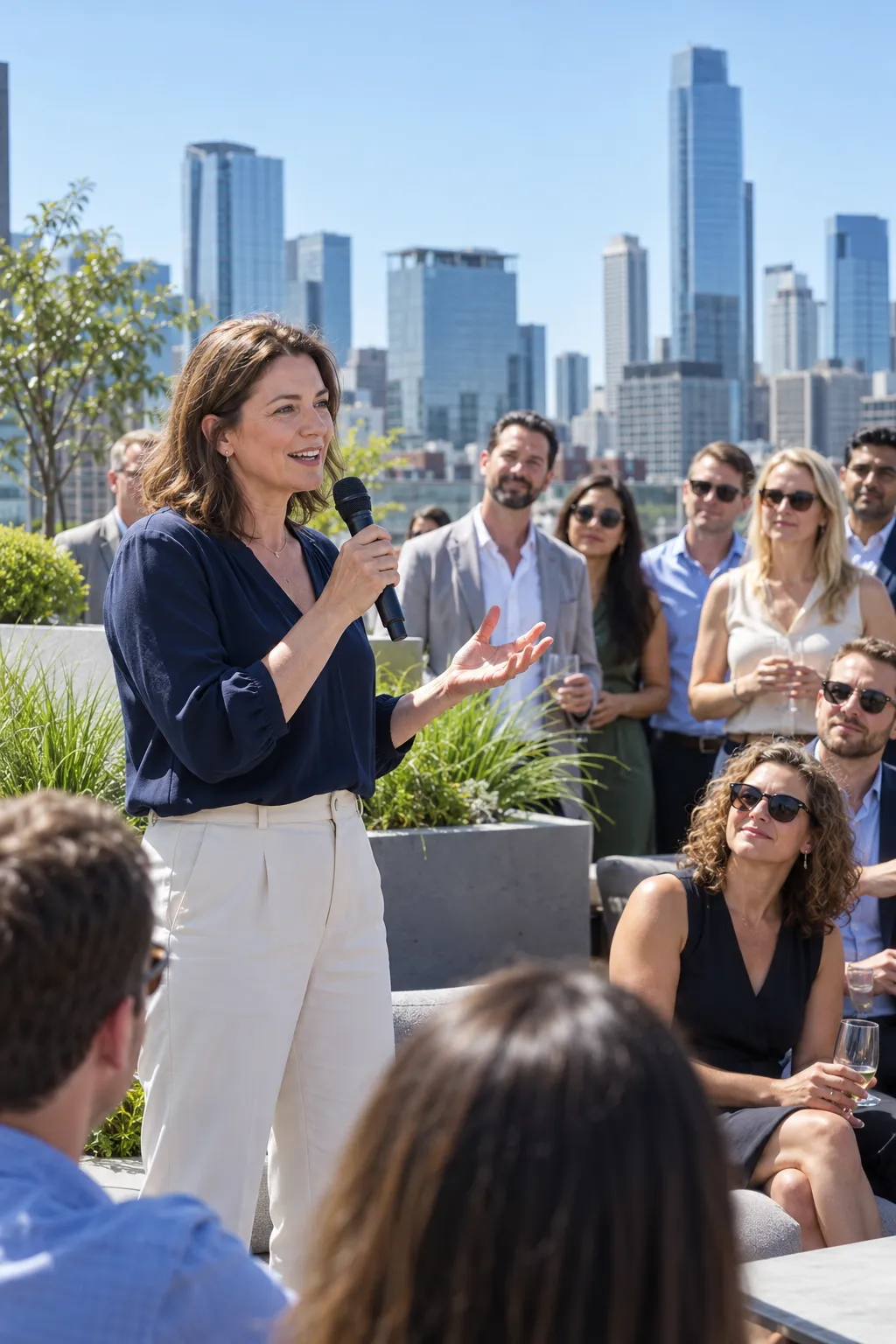 A speaker with a handheld microphone, colleagues listening