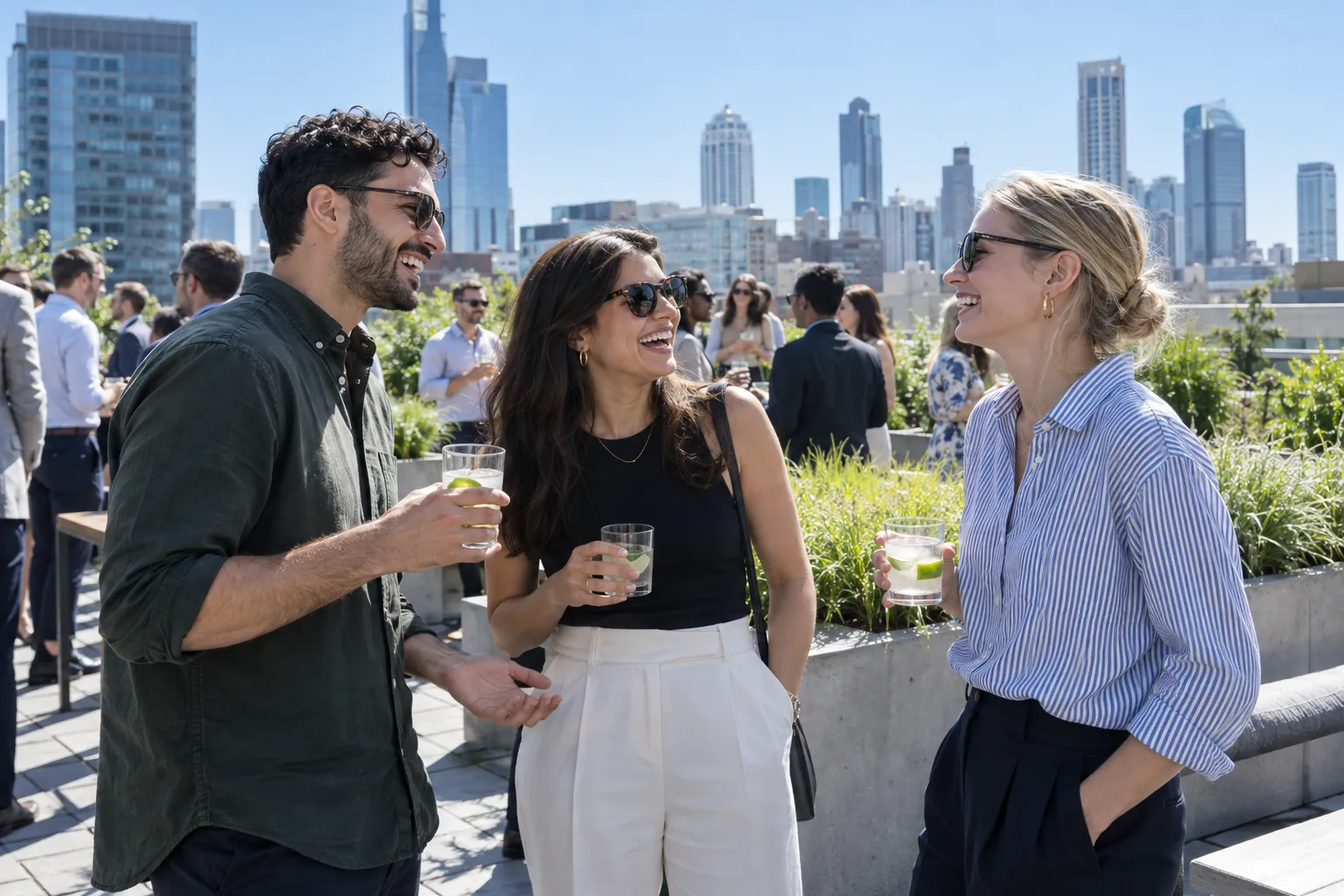 Three colleagues laughing with drinks in hand