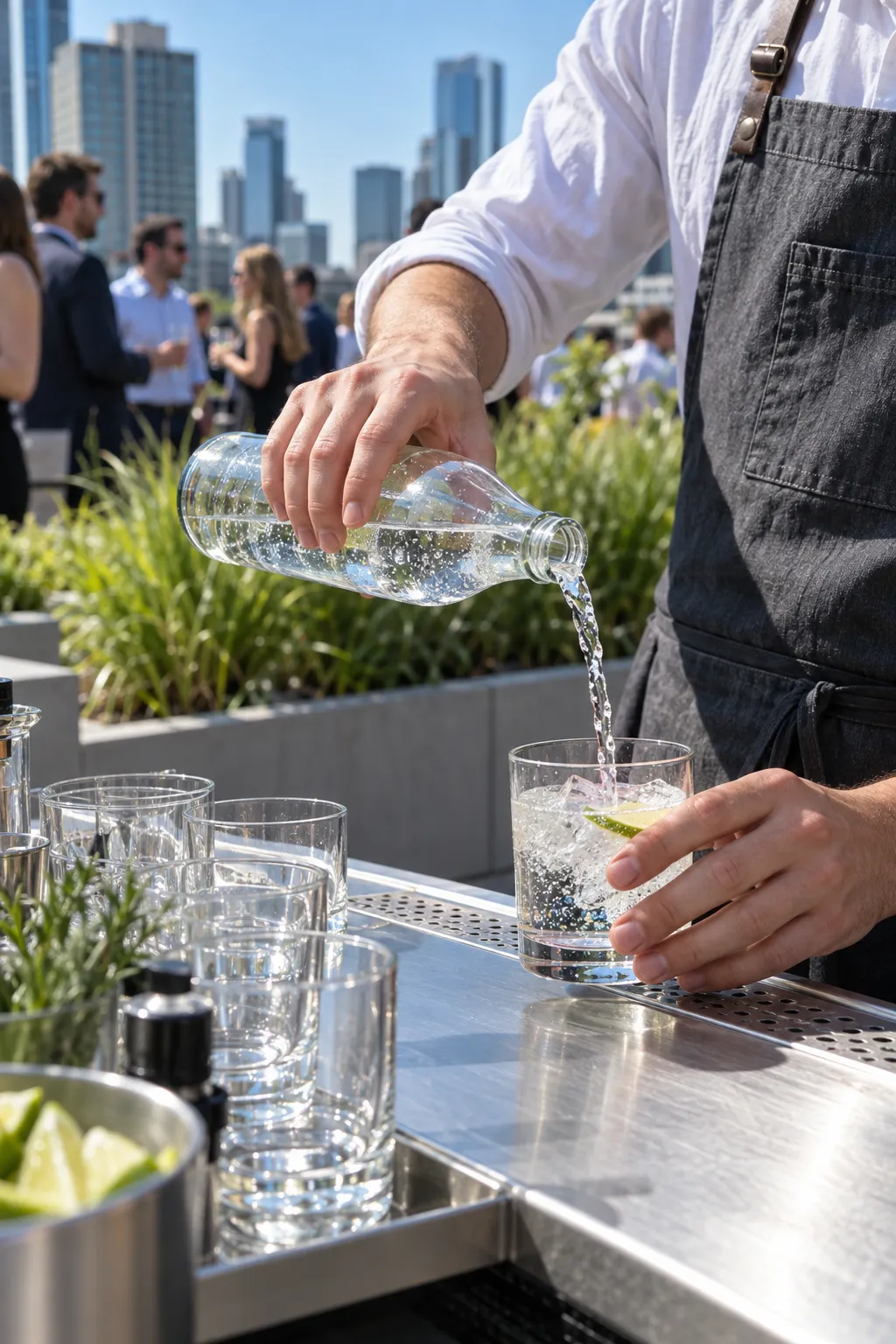 Sparkling water poured into glasses at a bar cart