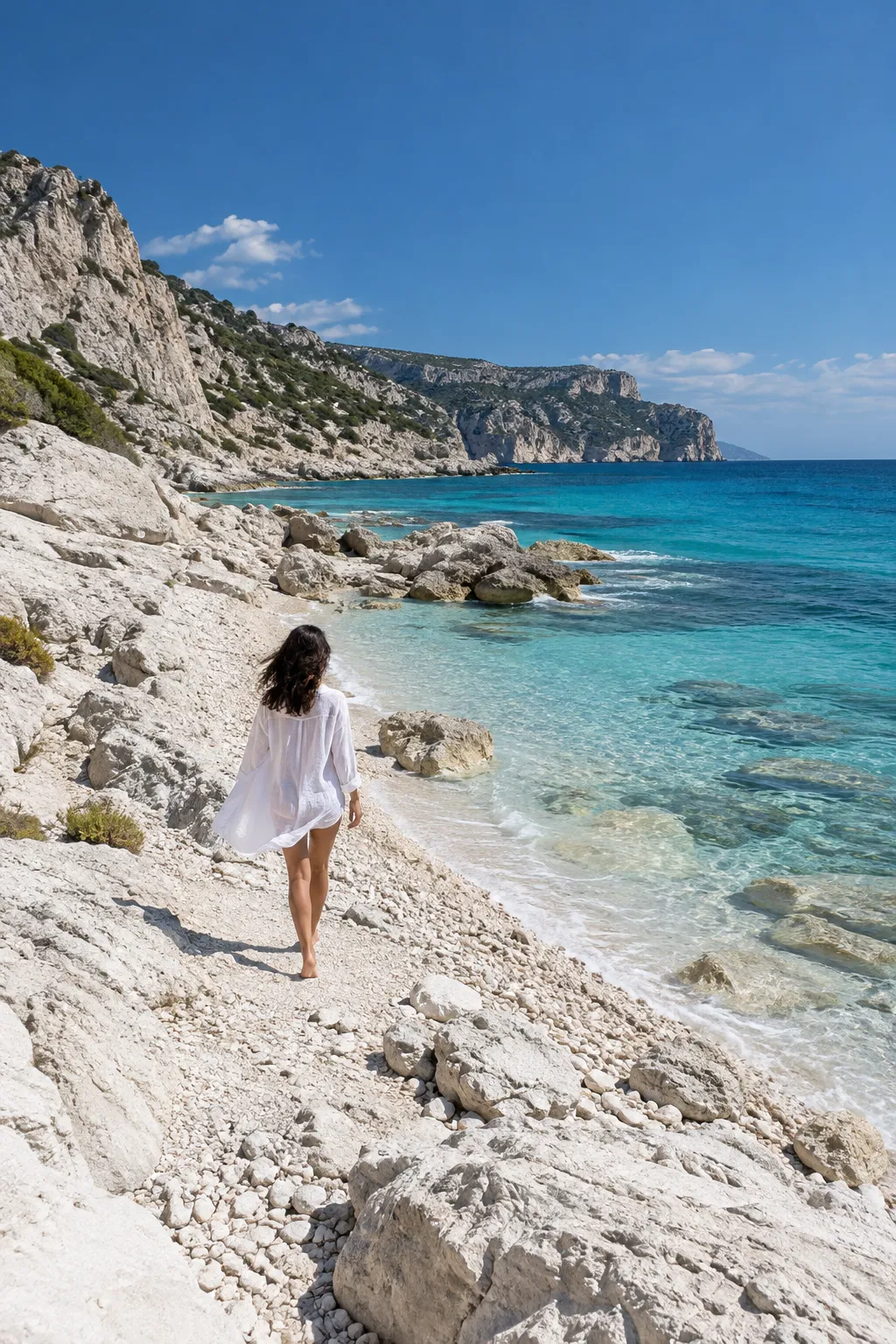 Walking away along a pale shoreline, shirt moving in the wind