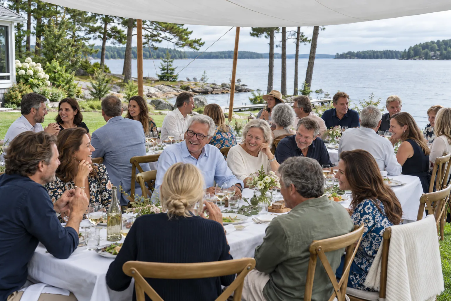 Long table of guests on a lakeside lawn