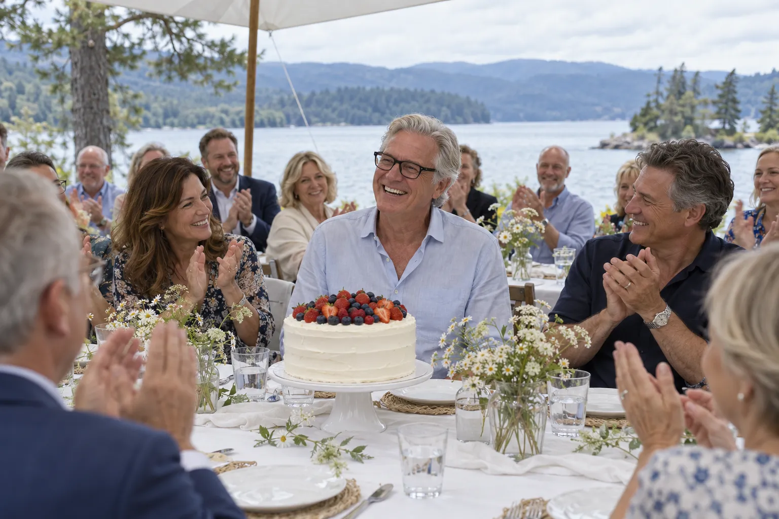 Guests clapping around a white layered cake